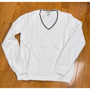 IZOD Golf Womens White Cable Knit V-Neck Cotton Sweater Medium Pullover